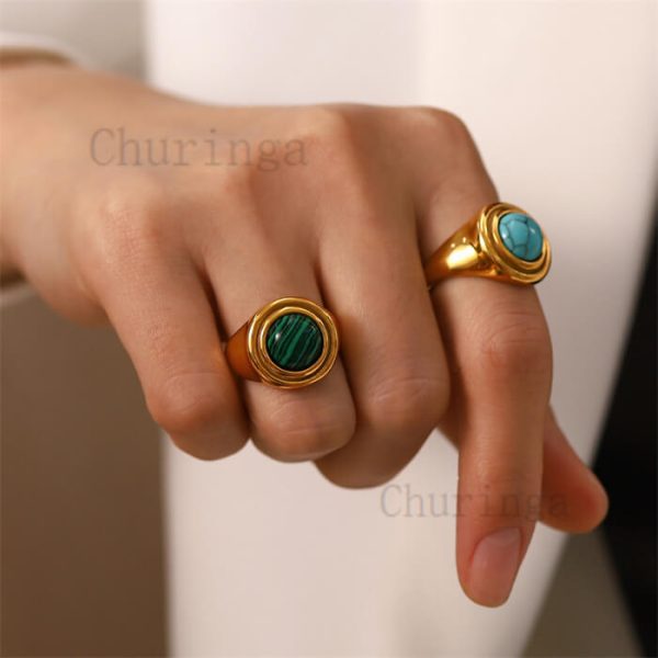 Stainless Steel Inlaid Round Turquoise/Malachite Gold Plated Ring