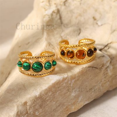 Stainless Steel Inlaid Round Tiger’s Eye/Malachite Gold Plated Opening Ring