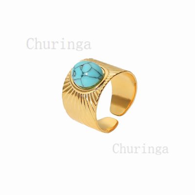 18K Gold Plated Set Artificial Turquoise Stainless Steel Opening Ring