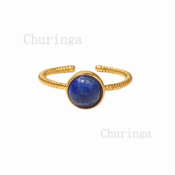 Stainless Steel 18K Gold Plated Set Circular Lapis Lazuli Adjustable Ring