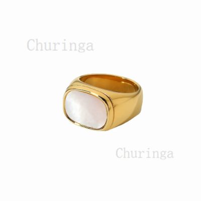 Occident Rectangular White Shell Stainless Steel 18K Gold Plated Ring