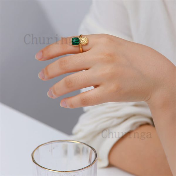Hammer Pattern Turquoise Stainless Steel Gold Plated Ring