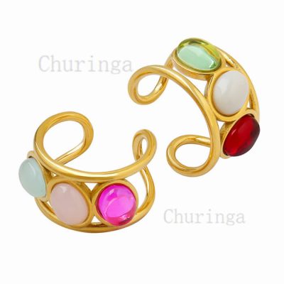 French Styele Simple Colorful Glass Stone Stainless Steel Gold Plated Ring