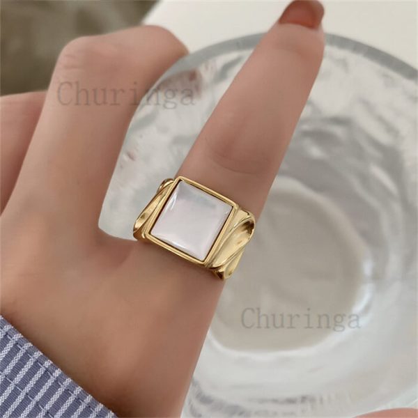 French Style Elegant Courtly Style Square Shell Cast Stainless Steel Ring