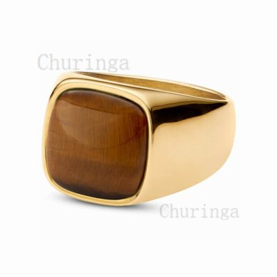 Stainless Steel Square Natural Tiger Eye Ring