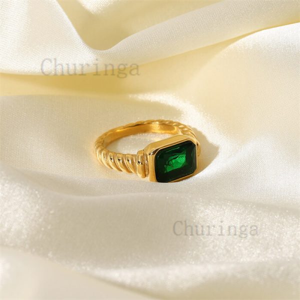 Rectangular Color Zirconium Claw Twisted Spiral Stainless Steel Ring