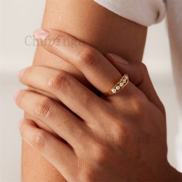 French Style 18K Gold Pea Pod Design Stainless Steel Ladies Ring