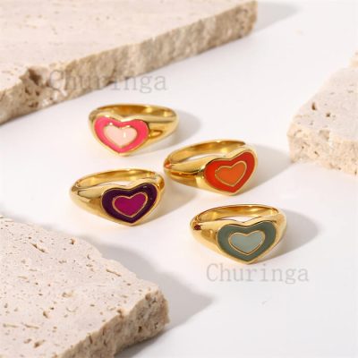 18K Gold Plated Double Layer Peach Heart Dripping Stainless Steel Ring