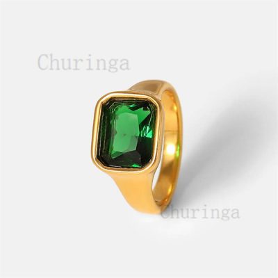 Square Inlay Color Zirconium Smooth Surface 18K Stainless Steel Gold Plated Ring