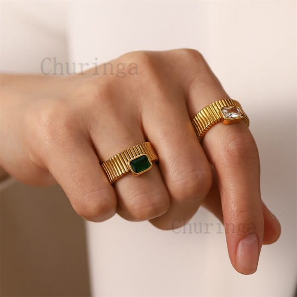 French Style Rib-Encrusted Zircon 18K Gold Plated Stainless Steel All-Match Ring