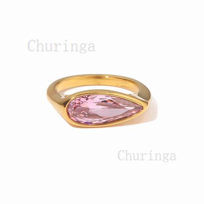 Occident Water Drop Shape Pink Zircon Stainless Steel Gold Plated Ring