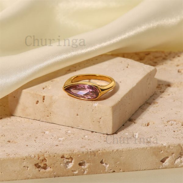 Occident Water Drop Shape Pink Zircon Stainless Steel Gold Plated Ring