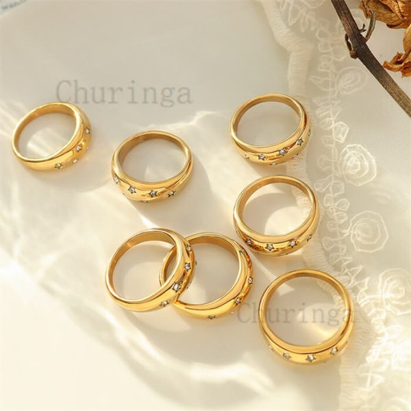 French Style Gold Plated Full Star Stainless Steel Ring