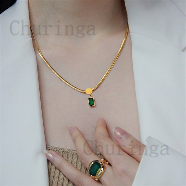 Retro Snake Chain Square Green Zirconium Stainless Steel Gold Plated Necklace