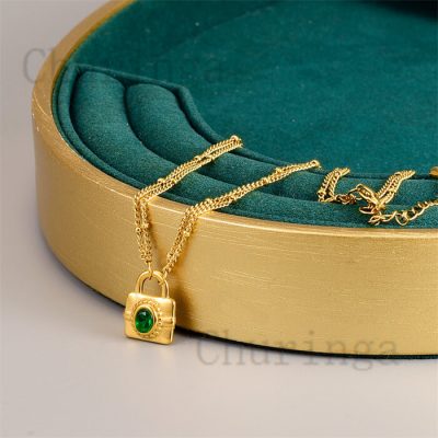 Vintage Green Zirconium Lockhead Stainless Steel Gold Plated Necklace