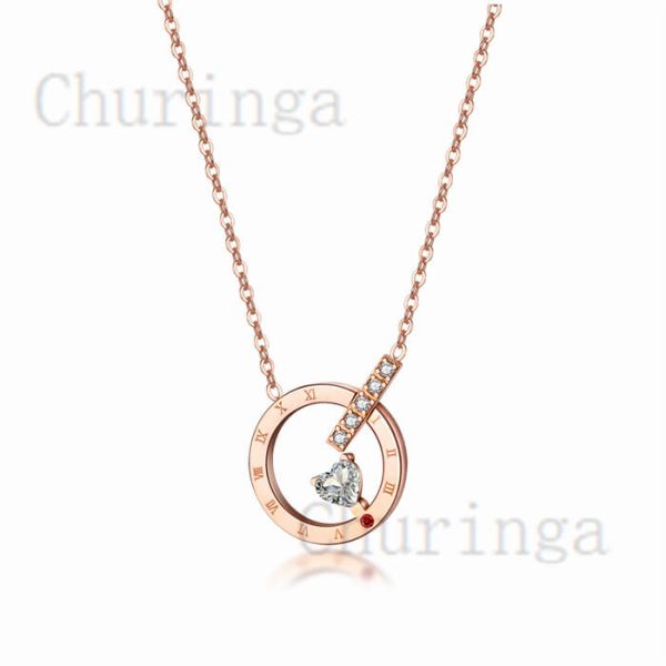 Love Heart Crystal-Encrusted Roman Numerals Round Stainless Steel Necklace