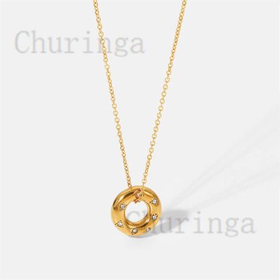 Stainless Steel Necklace With Crystal Ring In 18K Gold Plated