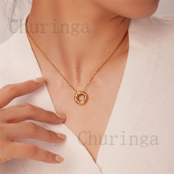 Stainless Steel Necklace With Crystal Ring In 18K Gold Plated