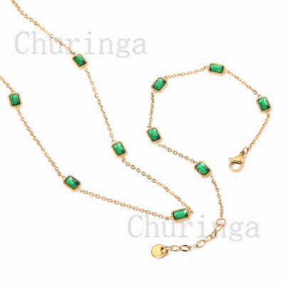 Square Shape Green Inlaid Glass Zirconium Stainless Steel Fashion Necklace