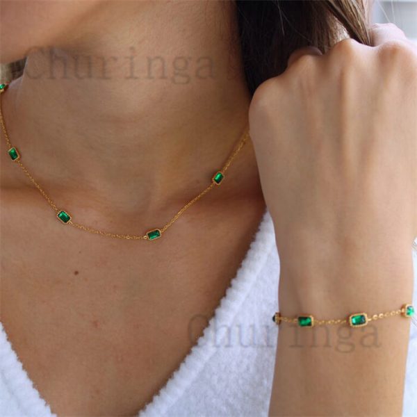 Square Shape Green Inlaid Glass Zirconium Stainless Steel Fashion Necklace