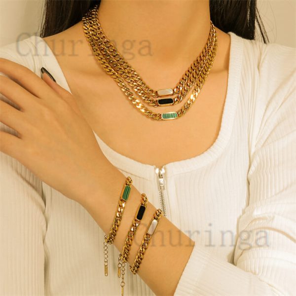 Stainless Steel White Shell/Malachite/Black Shell With Cuban Chain Gold Plated Necklace