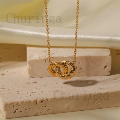 Gold Plated Double Ring Diamond Encrusted Stainless Steel Necklace