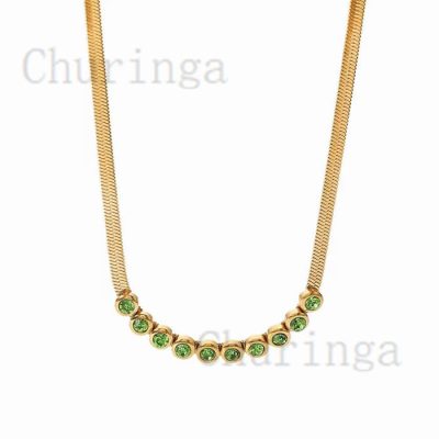 Fashion Vintage Round Green Crystal-Encrusted Blade Chain Stainless Steel Necklace