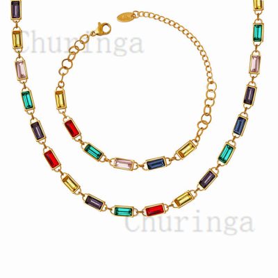 Color Rectangular Rhinestone Splicing High-Class Stainless Steel Gold Plated Necklace