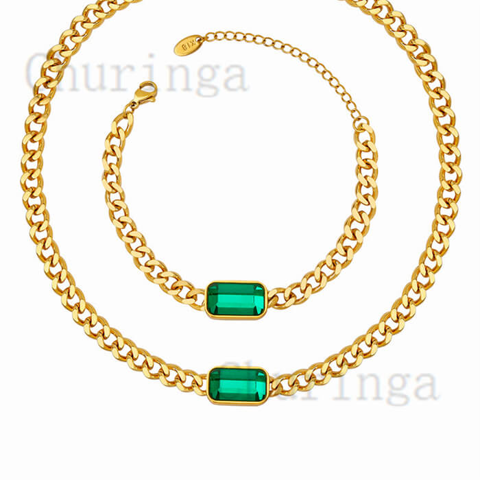 Stainless Steel Cuban Chain Personality Fashion Inlaid Rectangular Glass Zirconium Gold Plated Necklace