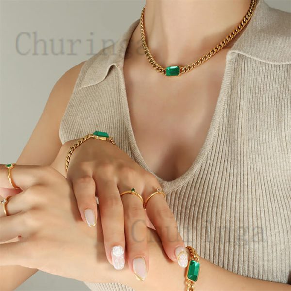 Stainless Steel Cuban Chain Personality Fashion Inlaid Rectangular Glass Zirconium Gold Plated Necklace