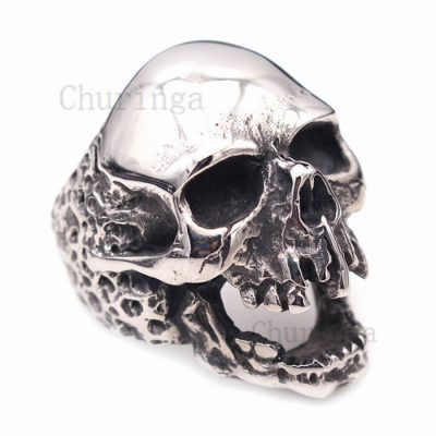Stainless Steel Skull Ring With Concave And Convex Texture