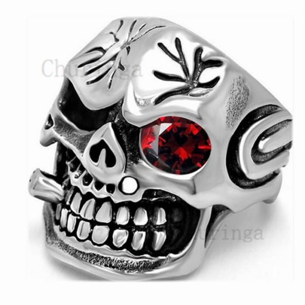 Stainless Steel Ring With Red Stone Skull
