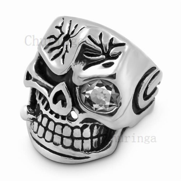 Stainless Steel Ring With Red Stone Skull