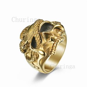 Stainless Steel Gold Plated Black Mamba Snake Skull Personality Ring