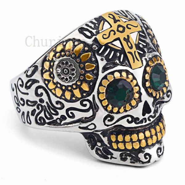 Occident Cross Style Gold Plated Ghost Head Stainless Steel Ring