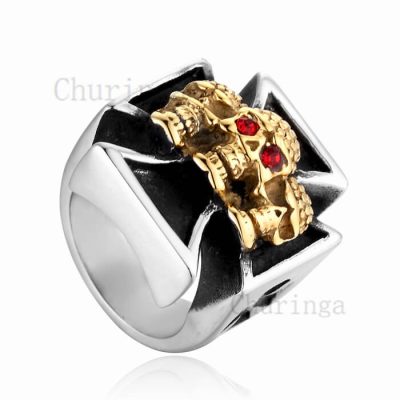 Cross Red Eye Gold Plated Ghost Head Stainless Steel Ring