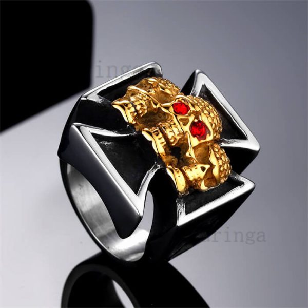 Cross Red Eye Gold Plated Ghost Head Stainless Steel Ring