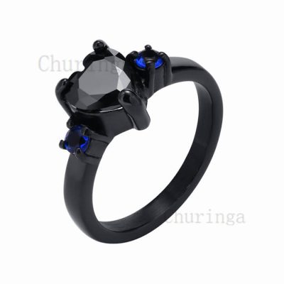 Stainless Steel Inlaid Black Heart Zircon Gold Plated Ring