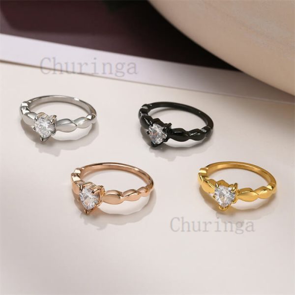 Stainless Steel Colorful Plating Inlaid Heart-Shaped Zircon Ring