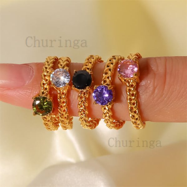 Braided Design Inset Zircon Stainless Steel Gold Plated Opening Ring