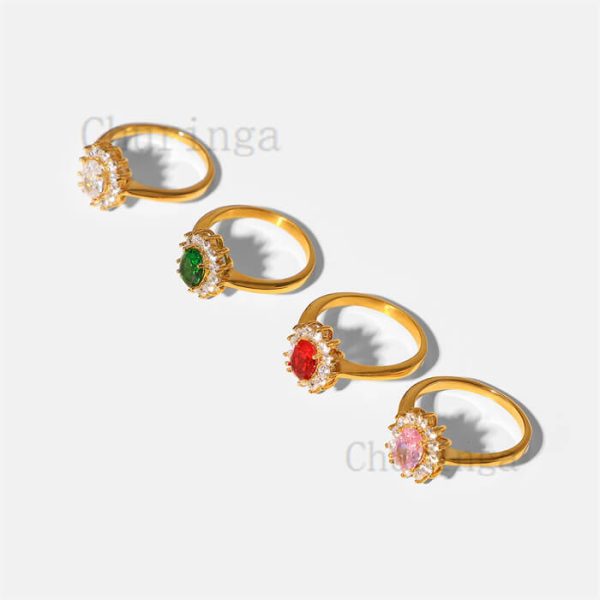 Classic Inlay Oval Color Zirconium Stainless Steel Gold Plated Ring