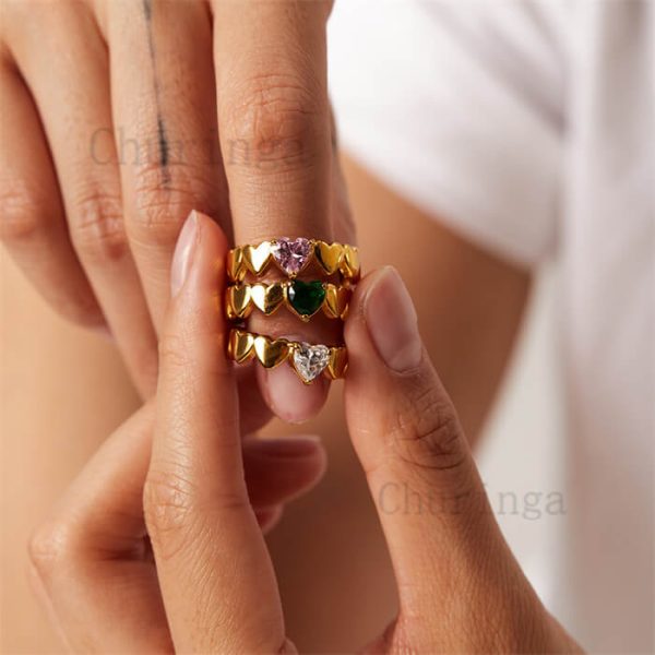 18K Gold Plated Inlay Heart-Shaped Zircon Stainless Steel Ring