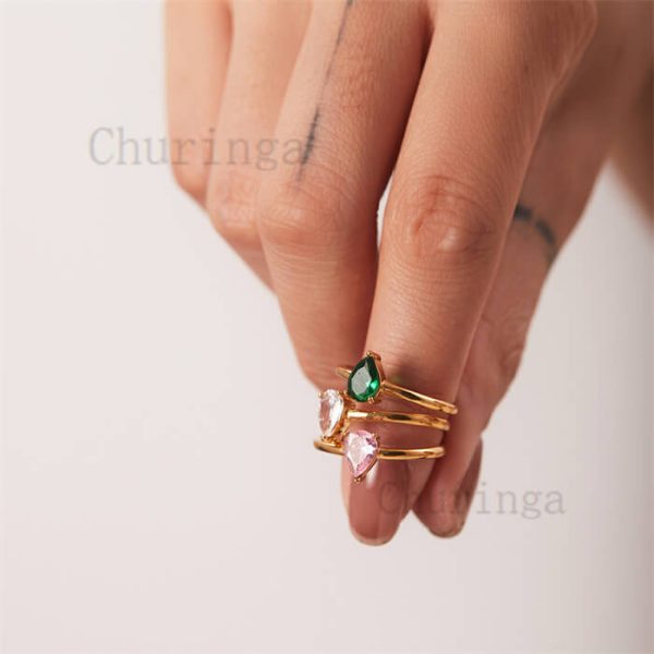 French Style Inlaid Drip Shaped Zircon Adjustable Stainless Steel Ring