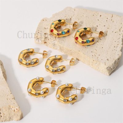 Special Shaped Hammer-Inlaid Zircon Pearl C-shaped Stainless Steel Earrings