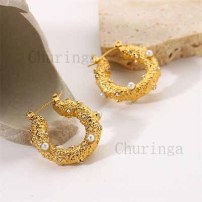 Stylish Personality Pearl Hooping 18K Gold Plated Stainless Steel Earrings