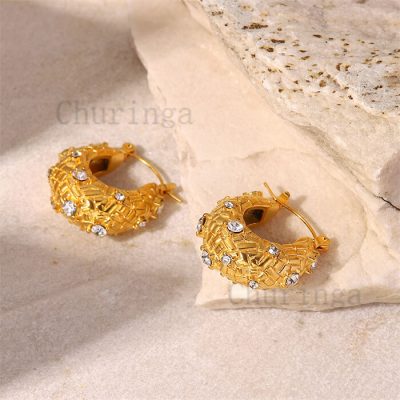 U-shaped Zircon Embedded Braided Pattern Stylish Stainless Steel Gold Plated Earrings