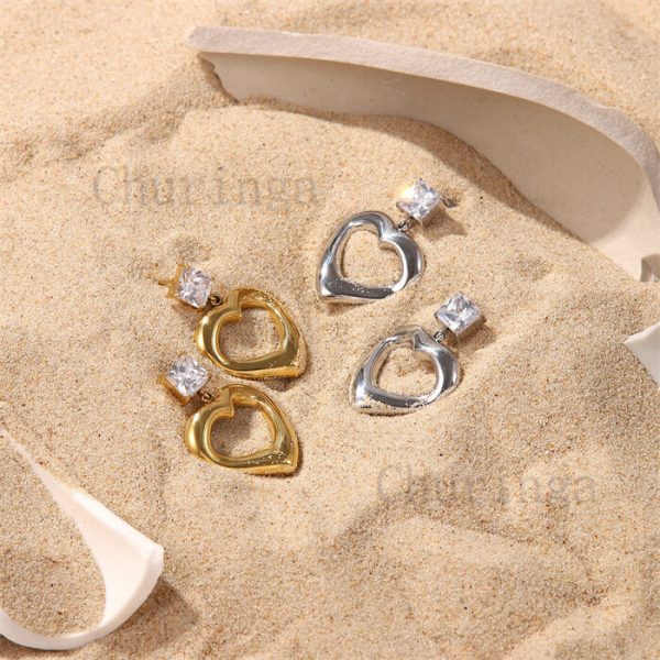 High-Grade Gold-Plated Square Zircon Heart Stainless Steel Earrings