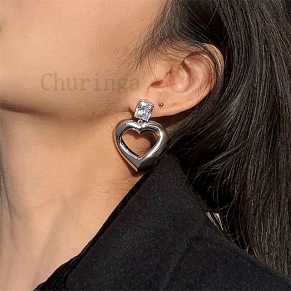 High-Grade Gold-Plated Square Zircon Heart Stainless Steel Earrings