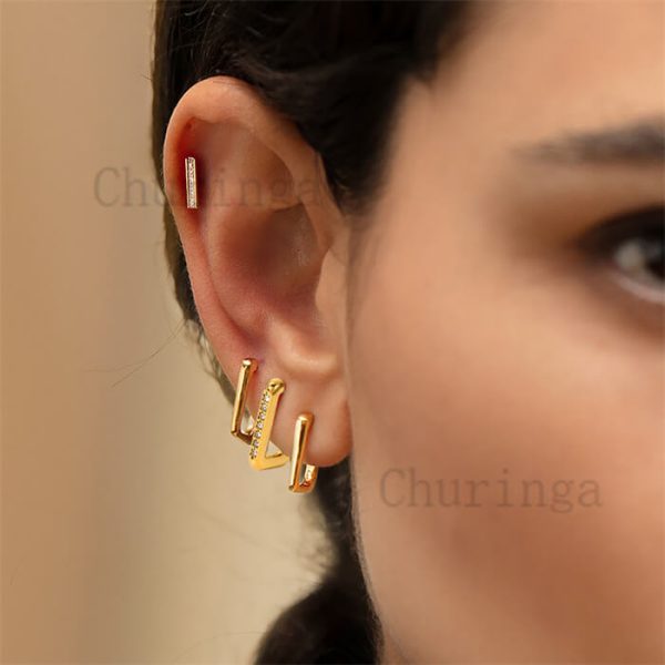 18K Gold Plated Simple Square Geometry With Zircon Stainless Steel Earrings