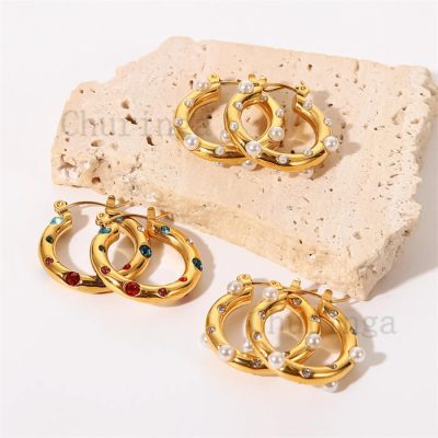 18K Gold Plated Pearl With Zircon Stainless Steel Earrings
